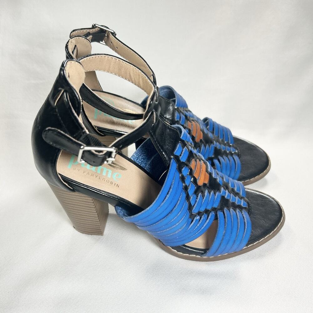 Plume by FarylRobin Block Heels Faux Leather Size 7.5 Southwest Boho Blue Black
